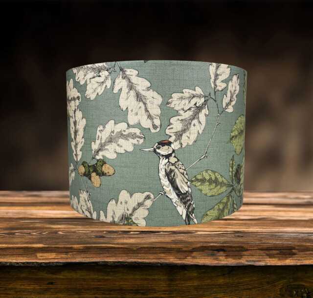 Woodpecker Bird Lampshade For Ceiling & Table Lamps, Green Woodland Leaf Drum Light Shade - image 1