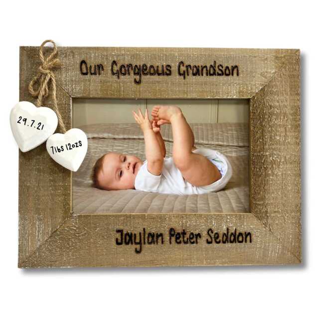 New Grandson Granddaughter Photo Frame - Personalised Driftwood Wooden Baby Grandchild Grandparents Gift 6x4 - image 1