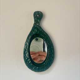 Handmade Green Glaze Ceramic Vintage Hairbrush & Doily Design Small Hanging Mirror