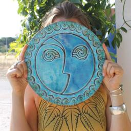 Wall Sculpture Sun&moon Ceramic Tile For Deck Decor, Outdoor Art Design, Bathroom Hanging Sun & Moon #3 Xl 30cm Turquoise - thumbnail 1