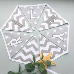 Grey Personalised Fabric Bunting, Star Chevron Bunting, & White Nursery Bunting - thumbnail 1
