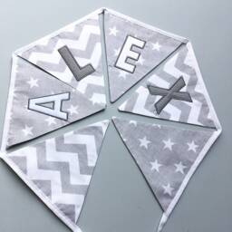Grey Personalised Fabric Bunting, Star Chevron Bunting, & White Nursery Bunting - thumbnail 2