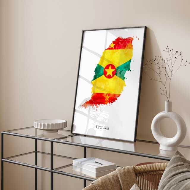 Grenada Watercolour Flag Map Wall Art Print - Travel Poster - image 1