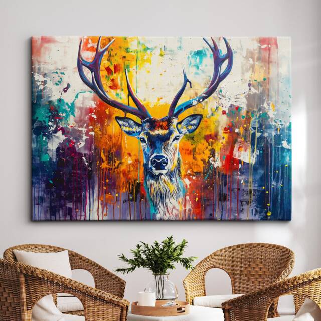 Colorful Deer Wild Animal Abstract Oil Painting Paint Splatter Wall Art Framed Canvas Poster Print Home Living Room Decor Fun Gift - image 1