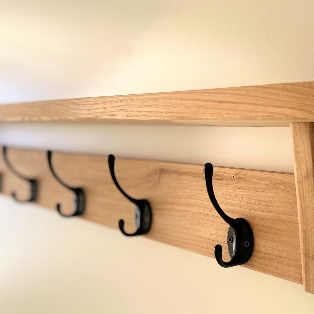 Natural Solid Oak Coat Rack With Shelf, Handmade Wooden Entryway