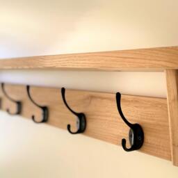 Natural Solid Oak Coat Rack With Shelf, Handmade Wooden Entryway Furniture Cast Iron Hooks, Towel Hanger, Wall Mounted Metal Retro Classic - thumbnail 2