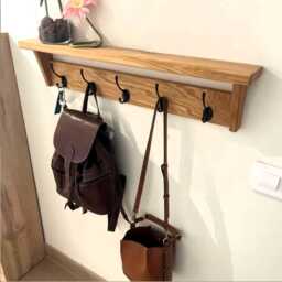 Natural Solid Oak Coat Rack With Shelf, Handmade Wooden Entryway Furniture Cast Iron Hooks, Towel Hanger, Wall Mounted Metal Retro Classic - thumbnail 1