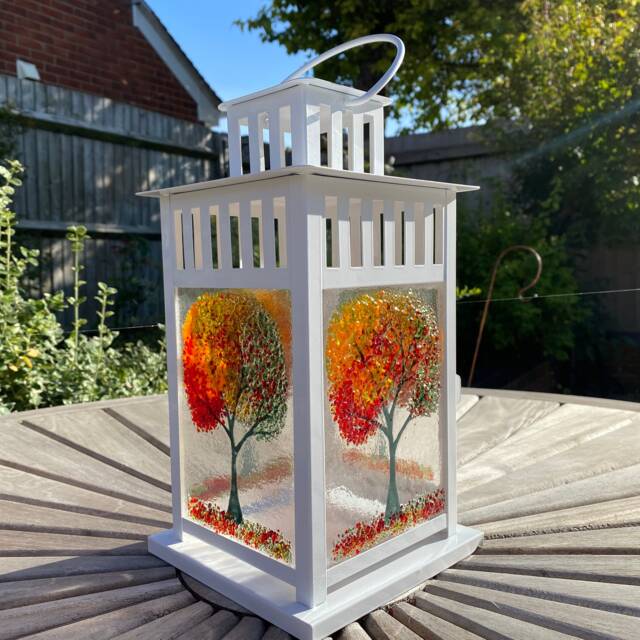 Handmade Fused Glass Lantern, Autumn Tree Design - image 1