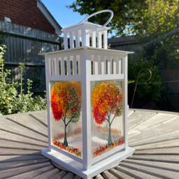 Handmade Fused Glass Lantern, Autumn Tree Design - thumbnail 1