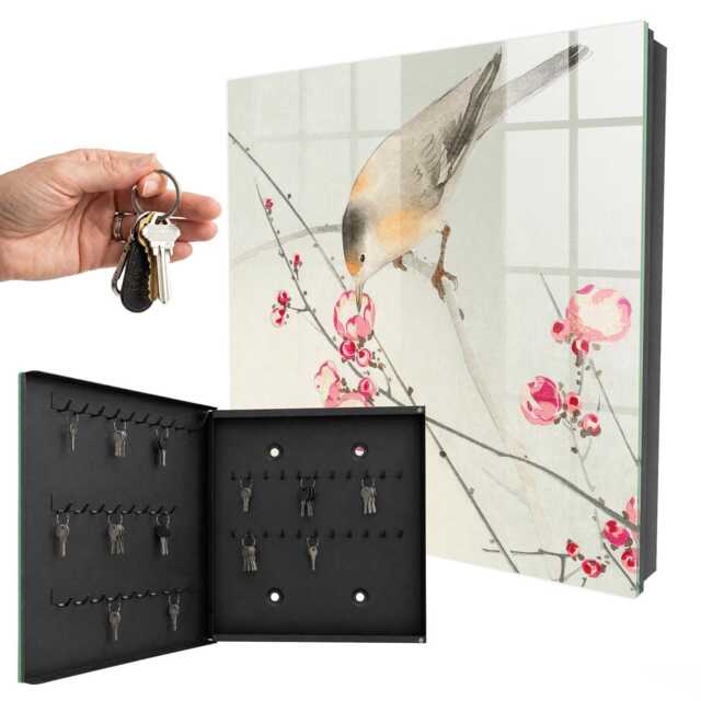 Bird Flowers Wall Mounted Key Cabinet, Gray Box For Home, Illustrative Animals, Lovers Of Nature & Peace - image 1