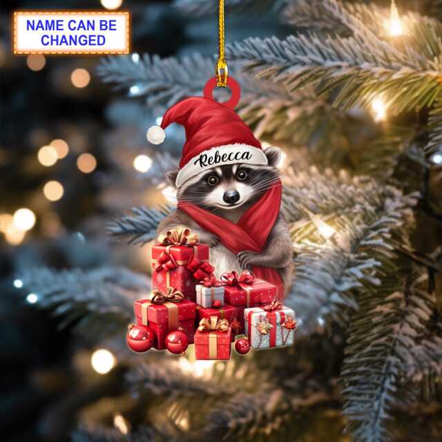 Custom Name Raccoon Christmas Ornament, Tree Hanging Decor, Flat 2D Ornament Acrylic/ Wooden, Cute Gift - image 1