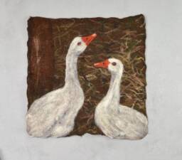 Wool Painting - Geese Painting With Wool/Felt Tapestry Wall Hanging For A Countryside Cottage Rustic Style Ready To Ship - thumbnail 1