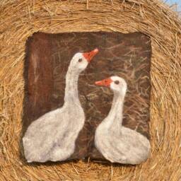 Wool Painting - Geese Painting With Wool/Felt Tapestry Wall Hanging For A Countryside Cottage Rustic Style Ready To Ship - thumbnail 3
