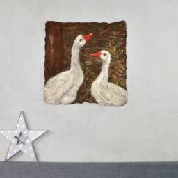 Wool Painting - Geese Painting With Wool/Felt Tapestry Wall Hanging For A Countryside Cottage Rustic Style Ready To Ship - thumbnail 2