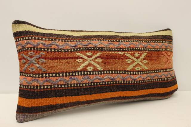 Boho Lumbar Vintage Rug Pillow, 12x24 Inch - 30x60 cm Minimalist Turkish Kilim Pillow Cover, 4Oaf-614 - image 1