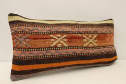Boho Lumbar Vintage Rug Pillow, 12x24 Inch - 30x60 cm Minimalist Turkish Kilim Pillow Cover, 4Oaf-614 - thumbnail 1