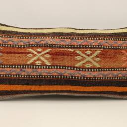 Boho Lumbar Vintage Rug Pillow, 12x24 Inch - 30x60 cm Minimalist Turkish Kilim Pillow Cover, 4Oaf-614 - thumbnail 2