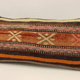 Boho Lumbar Vintage Rug Pillow, 12x24 Inch - 30x60 cm Minimalist Turkish Kilim Pillow Cover, 4Oaf-614 - thumbnail 3