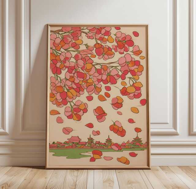 Cherry Blossom Landscape Wall Art Poster Falling Sakura Petals Illustration Japanese Nature Home Decor Print, Vintage Style - image 1