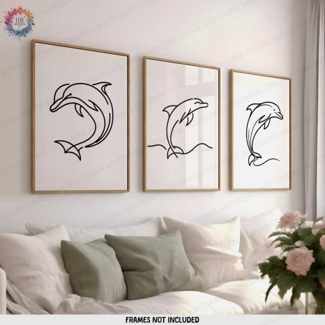 Minimal Dolphin Poster Set - Black & White Prints - Dolphins Artwork Modern Decor Line Wall Art Abstract Minimalist - image 1