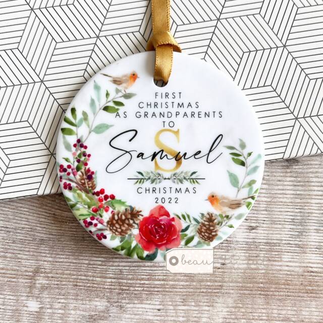 Personalised First Christmas As Grandparents Gran Grandma Nanna New Baby Robin Greenery Design Ceramic Round Ornament Keepsake