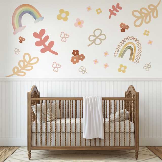 Boho Rainbow Wall Decal Neutral Nursery Stickers Pastel Decor Floral Decals Baby Girl Peel & Stick - image 1