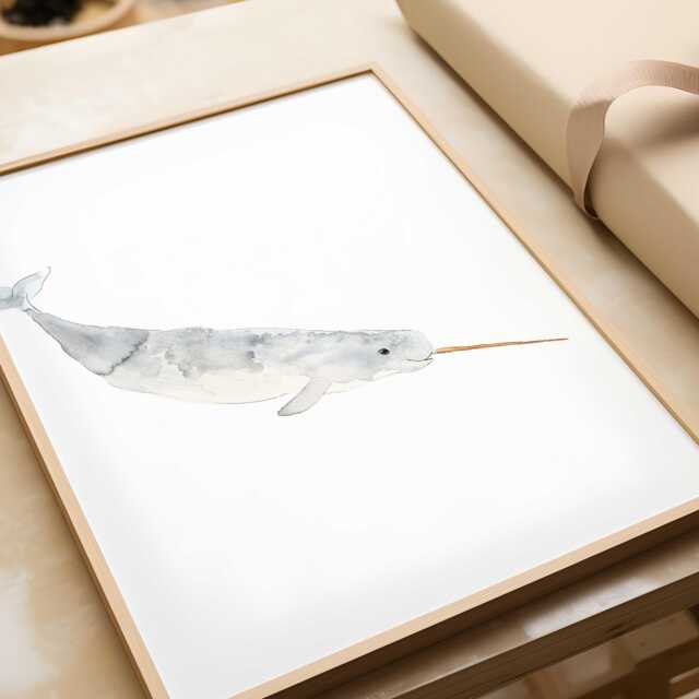 Narwhal Poster/Marine Animal Seabed Watercolor Handmade Made in Quebec Art Minimal Style Cynthia Paquette - image 1