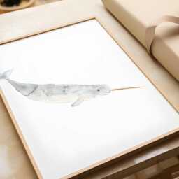 Narwhal Poster/Marine Animal Seabed Watercolor Handmade Made in Quebec Art Minimal Style Cynthia Paquette - thumbnail 1