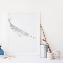 Narwhal Poster/Marine Animal Seabed Watercolor Handmade Made in Quebec Art Minimal Style Cynthia Paquette - thumbnail 2