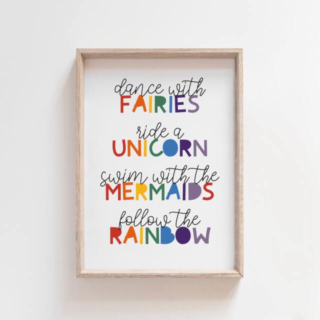 Girls Nursery Print, Rainbow Wall Art, Fairies Prints, Mermaid Unicorn Bedroom Quotes - image 1
