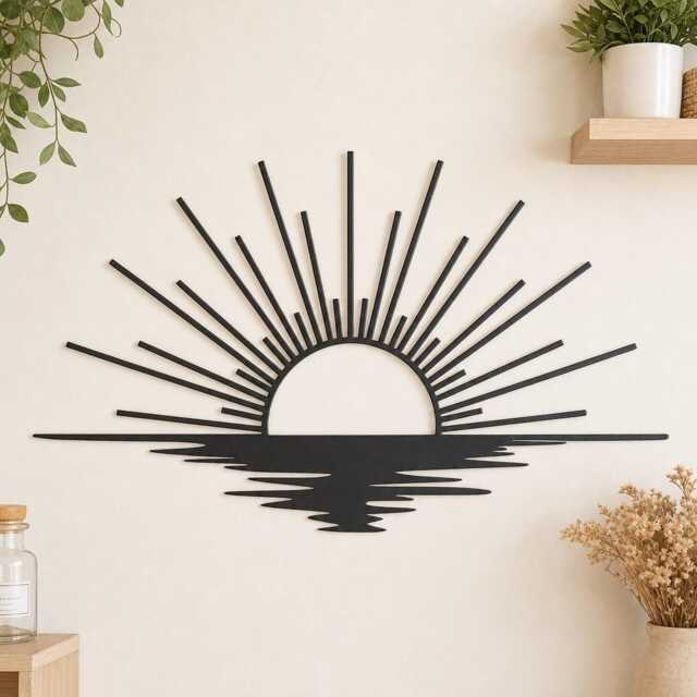 Sunset Ocean Reflection Metal Wall Art, Minimalist Sun Over Water Iron Sheet Decor, Boho Sunrise Sea Landscape Hanging - image 1