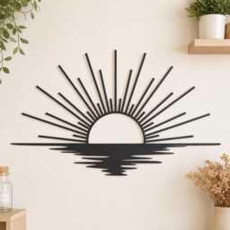 Sunset Ocean Reflection Metal Wall Art, Minimalist Sun Over Water Iron Sheet Decor, Boho Sunrise Sea Landscape Hanging