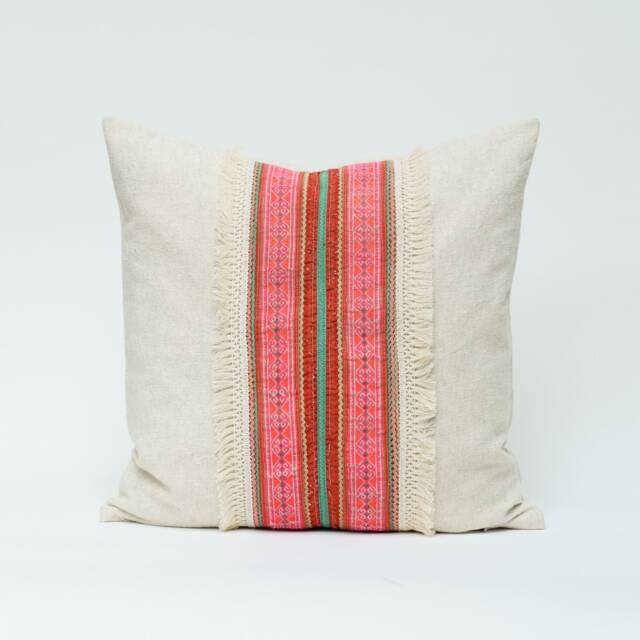 Vintage Hmong Hemp Pillow Cover, Embroidered Textile With Tassels - 18x18 - image 1