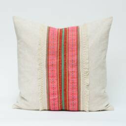 Vintage Hmong Hemp Pillow Cover, Embroidered Textile With Tassels - 18x18 - thumbnail 2