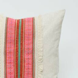Vintage Hmong Hemp Pillow Cover, Embroidered Textile With Tassels - 18x18 - thumbnail 3
