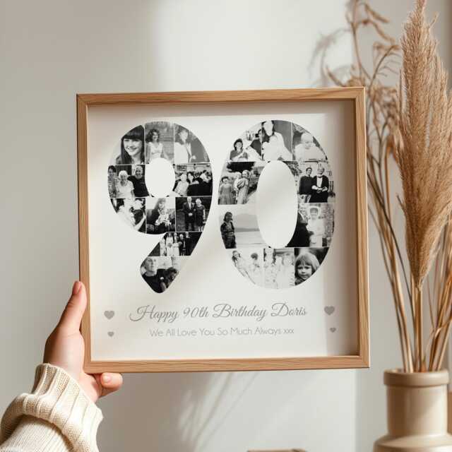 Personalised 90Th Birthday Photo Collage Frame, Gift, Framed Print, Number Collage. Upto 30 Photos - image 1