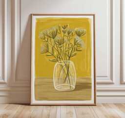 Floral Line Drawing Print, Minimalist Botanical Wall Art, Mustard Yellow Poster, Scandinavian Home Decor, Modern Flower Artwork - thumbnail 1