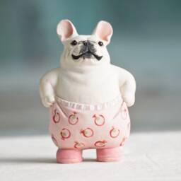 Long Quan Celadon - Adorable Handcrafted French Bulldog Sculpture 5-Inch Tall Playful Pink Pants Pose Unique Gift - thumbnail 2