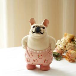 Long Quan Celadon - Adorable Handcrafted French Bulldog Sculpture 5-Inch Tall Playful Pink Pants Pose Unique Gift - thumbnail 1