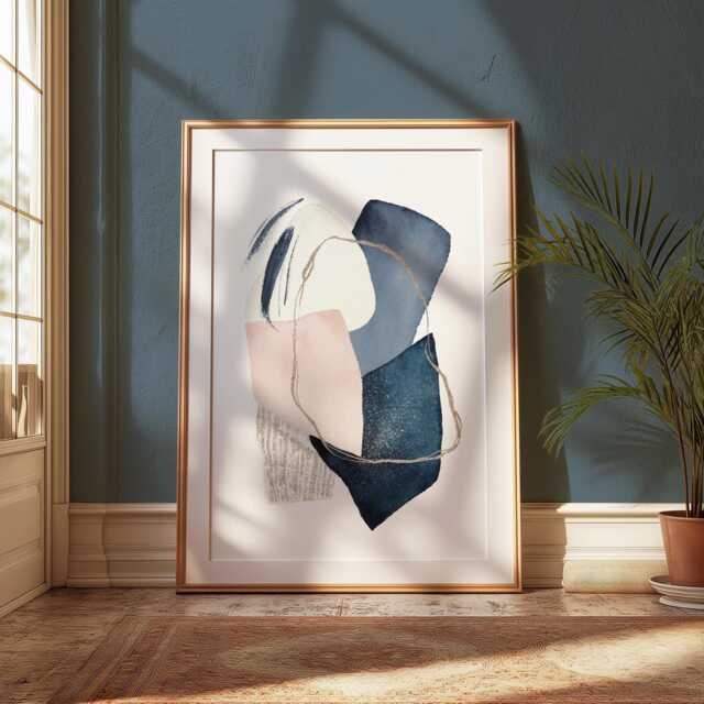 Abstract Watercolour Wall Art Print, Navy, Blush Pink & Gold Accents - image 1