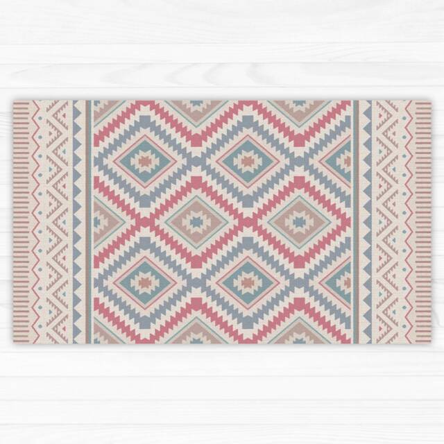 Kilim Style Vinyl Floor Mat Linoleum Rug in Pink & Blue. Area Rug, Door Mat, Runner Or Kitchen Printed To Order. Art Mat - image 1