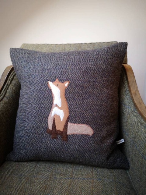 Big Hand Crafted Harris Tweed Fox Embroidered Cushion Cover - image 1