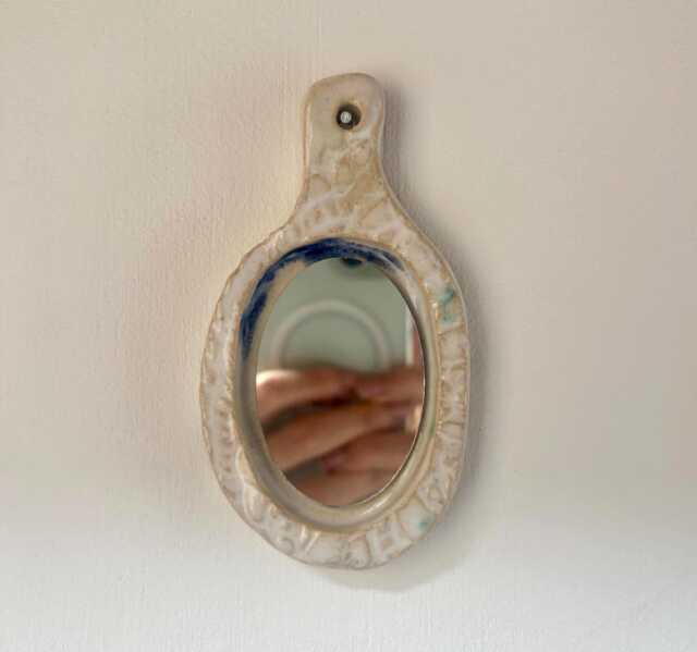 Small Handmade Creamy Blue Glaze Ceramic Vintage Hairbrush & Doily Design Hanging Mirror - image 1
