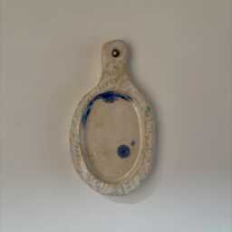 Small Handmade Creamy Blue Glaze Ceramic Vintage Hairbrush & Doily Design Hanging Mirror - thumbnail 2