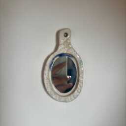 Small Handmade Creamy Blue Glaze Ceramic Vintage Hairbrush & Doily Design Hanging Mirror - thumbnail 3