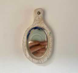 Small Handmade Creamy Blue Glaze Ceramic Vintage Hairbrush & Doily Design Hanging Mirror - thumbnail 1