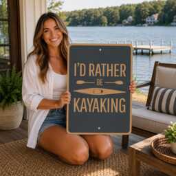 I'd Rather Be Kayaking Metal Sign, Kayak Wall Art, Outdoor Decor, Lake House Paddling Sign - thumbnail 1