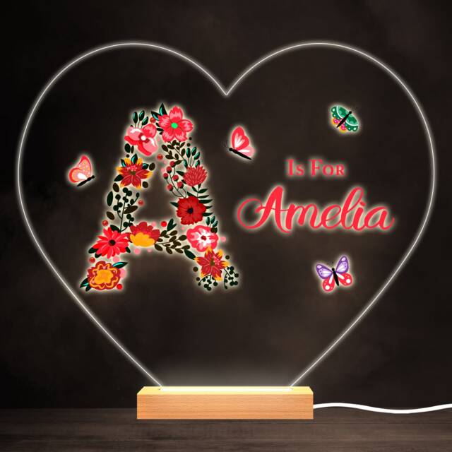 Floral Alphabet Butterflies Letter A Heart Personalised Gift Lamp Night Light - Bedroom - image 1