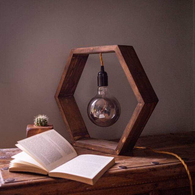 Rustic Hexagon Wooden Lamp, Handmade Recycled Wood Light, Cozy Vibe Mood Light - image 1