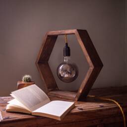 Rustic Hexagon Wooden Lamp, Handmade Recycled Wood Light, Cozy Vibe Mood Light - thumbnail 1